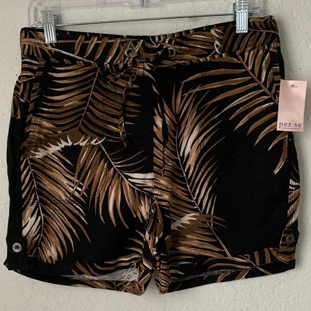 NWT Per Se Women's Black Brown Linen Blend Tropical Shorts Pockets Size S